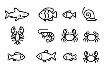 Minimalistic sea creatures: linear icons of fish, crab, lobster, and more on dark background