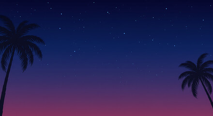 Fototapeta premium Tropical Night Sky with Palm Trees Silhouette and Starry Sky Vector Illustration