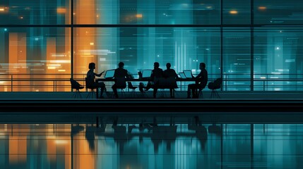 Silhouetted business team collaborates around a table in a modern office with a city skyline view at night