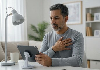 Concerned middle-aged man using tablet at home with hand on chest in bright living room