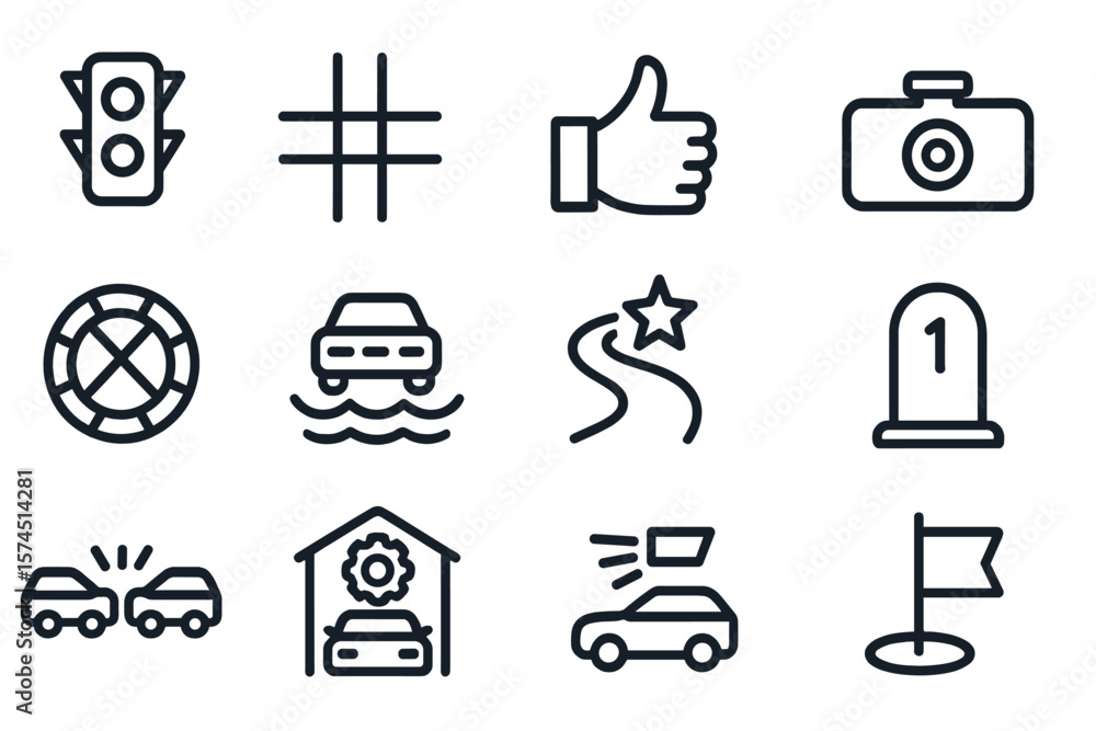Poster dark linear icons of transportation, traffic, and navigation concepts on textured background