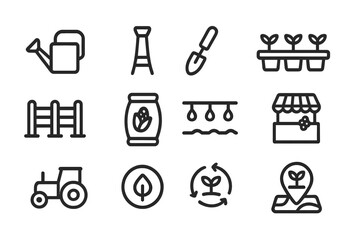 Agricultural icons set featuring garden tools, plants, and farm equipment in linear style