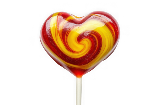 Heart shaped lollipop candy red yellow swirl sweet treat delicious confectionery sugar isolated design isolated on transparent background