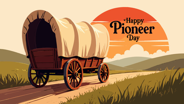Vector art of a covered wagon on the road for happy pioneer day