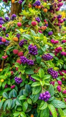 Obraz premium A lush green briar bush with ripe purple berries in full bloom