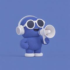 Cute Blue Mascot with Megaphone 