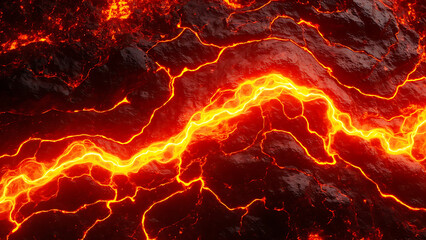 Lava Flow Cracking Through Dark Volcanic Rock. A mesmerizing view of lava flowing through volcanic rock, glowing bright orange and yellow against dark, cracked terrain. Ideal for nature, geology, and 