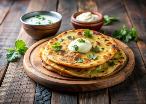Aloo paratha on a wooden plate with a dollop of curd and garnished with fresh cilantro