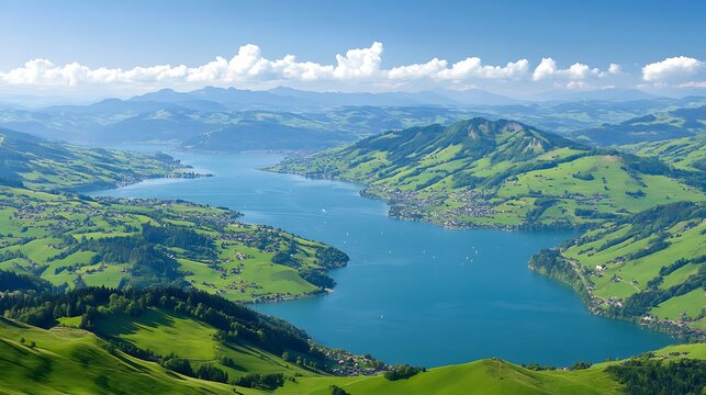 Panoramic view of a tranquil lake nestled amidst rolling hills.