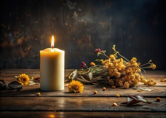 A single mourning candle sits on a dark wooden altar with a few dried flowers and twigs around it