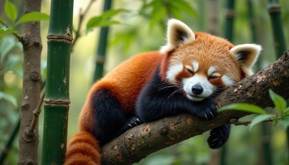 Red panda resting peacefully on bamboo tree