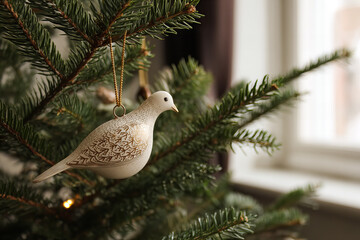 white dove on a branch of christmas tree