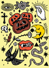 Spooky Halloween themed illustrations featuring pumpkins, skulls, and mystical symbols evoke