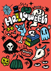 Spooky Halloween illustration featuring ghosts, pumpkins, and playful designs