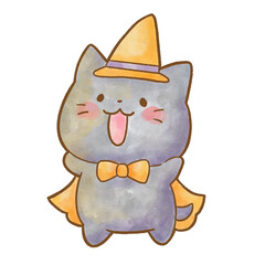ハロウィンの仮装をしたかわいい黒猫の水彩風イラスト｜淡い線で描かれたやさしいタッチ