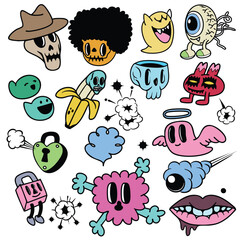 Colorful cartoon characters and playful designs featuring various shapes and expressions evoke