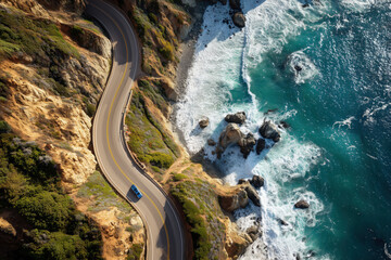 Aerial view of a car driving along coastal road surrounded by cliffs and ocean