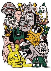 Colorful cartoon characters and whimsical creatures create vibrant, playful scene full of fun