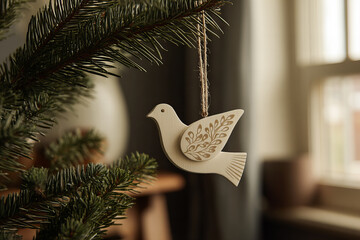white dove on a branch of christmas tree