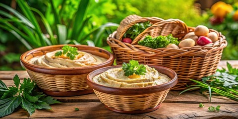 Obraz premium Woven wicker basket containing a selection of vibrant plates filled with creamy hummus dip amidst lush greenery