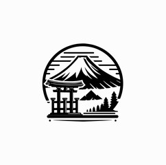 Black and White Vector Logo – Mount Fuji and Japanese Torii Gate for Tourism Branding

