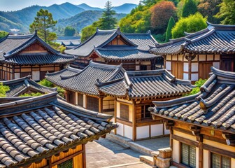 Naklejka premium Traditional Hanok architecture with tiled roofs and wooden beams in Otgol Village