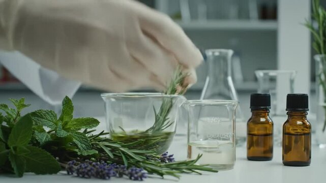 Gloved hands grind herbs in lab beaker with essential oil bottles beakers mint rosemary lavender on table