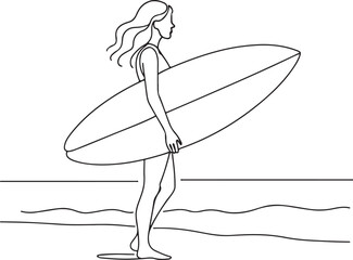 Female Surfer Holding Surfboard Beach Minimalist Line Art