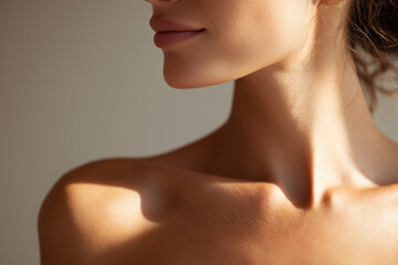 woman's face and bare shoulder, healthy hydrated skin, natural beauty
