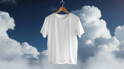 White t-shirt on a hanger against blue sky with clouds