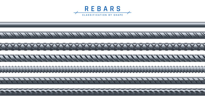 Seamless rebars. Set of steel bars with different profiles. Straight plain round and ribbed rods. Construction collection, classification by shape. Vector illustration isolated on a white background.