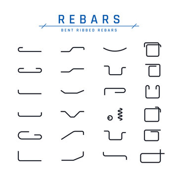 Icon set of steel bent bars. Construction CAD collection, classification of rebars by shape. Vector illustration isolated on a white background in line style