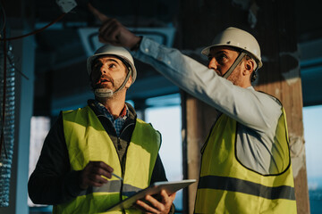 Two construction workers wearing safety vests and helmets review site plans, pointing and...
