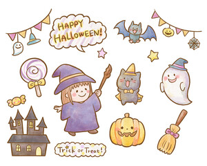 Cute watercolor Halloween set with witch girl, black cat, haunted house, and trick or treat text – transparent background