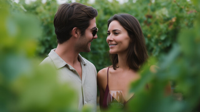 Romantic couple vineyard wine tasting smiling outdoors lush green foliage summer