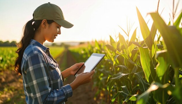 A woman in a plaid shirt and cap uses a tablet while inspecting corn plants in a sunlit agricultural field.