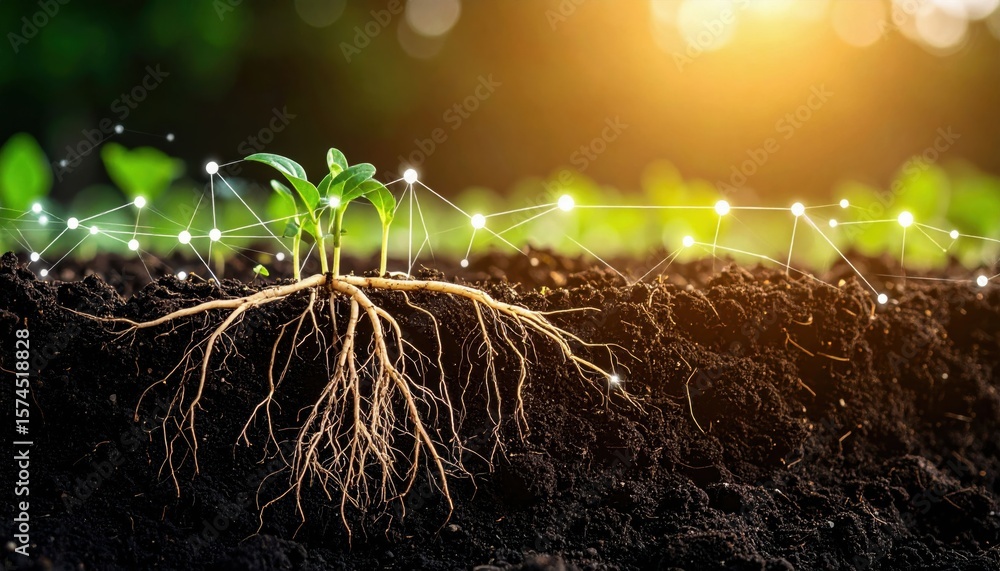 Poster seedlings growing in soil with visible roots connected by a digital network, symbolizing smart agric