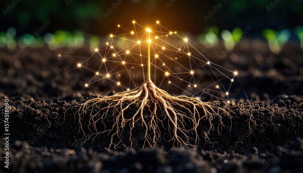 Poster a small seedling with illuminated roots connected by glowing network lines, symbolizing growth and d