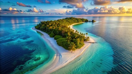 Obraz premium Aerial view of ocean and beach on tropical island with crystal clear turquoise water and white sandy shore at sunrise