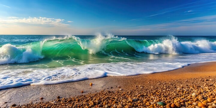 Turbulent ocean wave breaks on smooth pebble beach surface