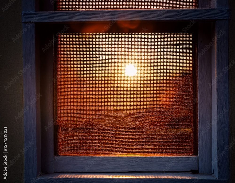 Poster a window with a mesh screen is lit up by a light
