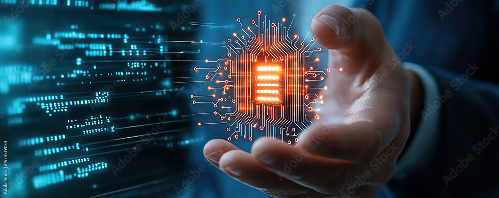 Poster person holds glowing microchip with digital circuits, symbolizing advanced technology and innovation