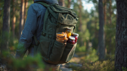 Person hiking with picnic backpack filled with snacks and jars in forest