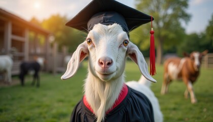 Goat wearing graduation cap in farm setting