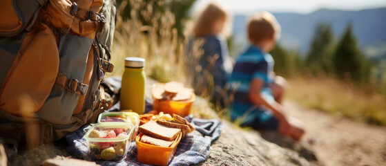 Family enjoys picnic with healthy packed lunches on scenic trail