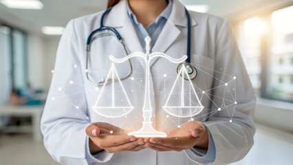 Doctor holds balance scales, symbolizing medical law and healthcare ethics, promoting legal aspects and ethical considerations.