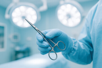 Surgical scissors held by gloved hand in medical operating room with bright lights and sterile environment for precise medical procedures and healthcare safety