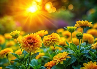 Colorful flowers illuminate green foliage at sunset