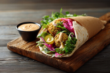 falafel wrap with tahini sauce, fresh greens, and pickled vegetables on rustic wooden table