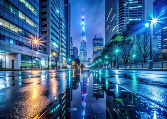 Fototapeta premium Frosty Tokyo streets at night with neon lights reflecting off wet pavement and skyscrapers of Roppongi Hills area